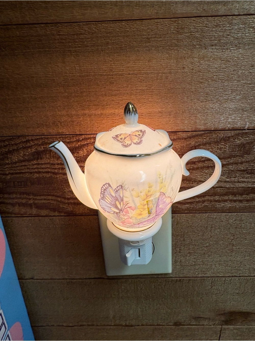 Butterfly Floral Ceramic Teapot Plug In Night Light Cottagecore Decor